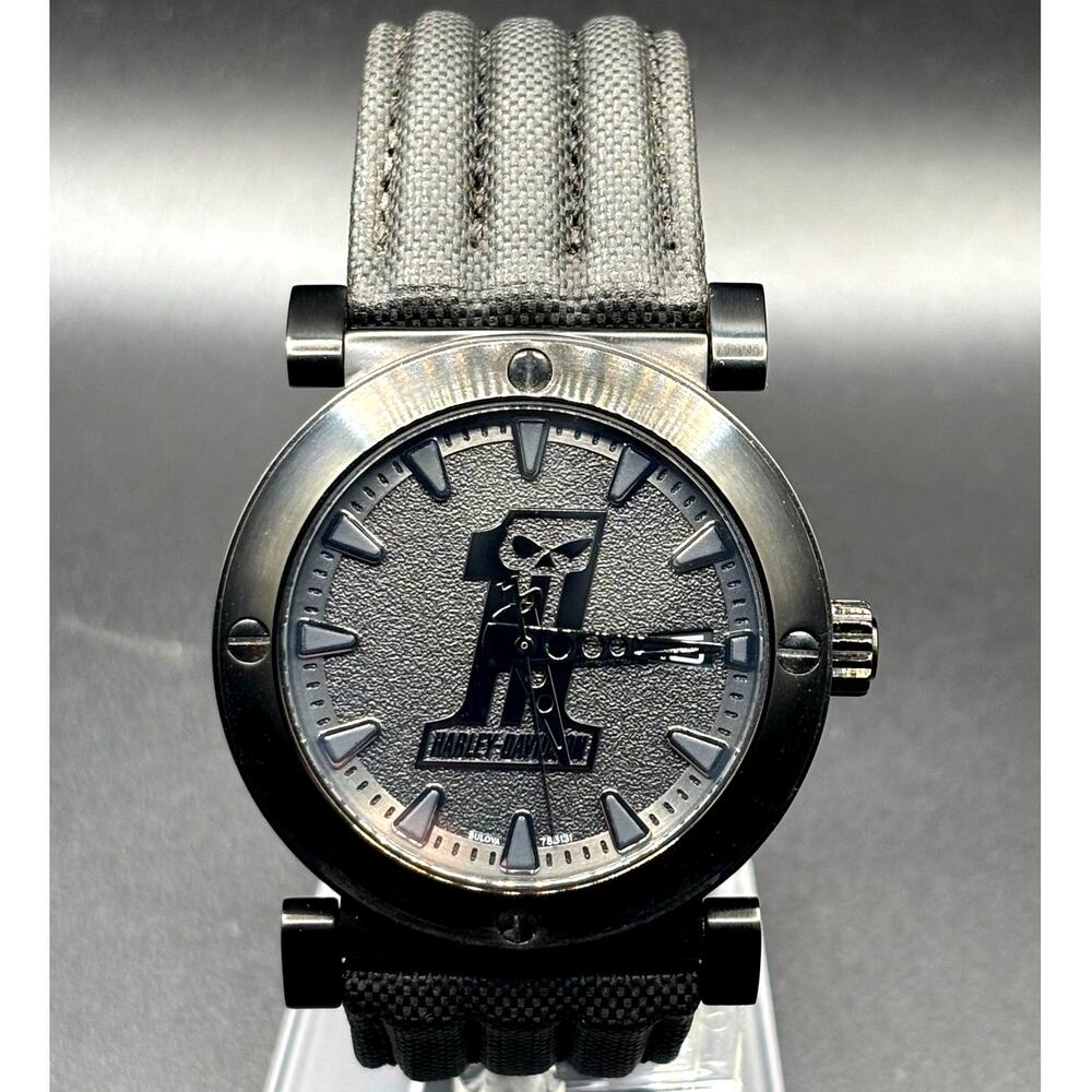Harley-Davidson Bulova 78B131 Black #1 Racing Skull 44mm Watch Discontinued